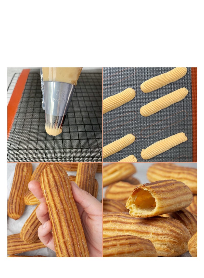 Perforated Silicone Baking Mats, 2 PCS Eclair Silicone Mat for Half Sheet with 12 Printed Oblong Eclair Guides, Non-Stick Reusable Oven Liners for Making Bread/Pizza/Pastry/Cookie 42*29.5cm