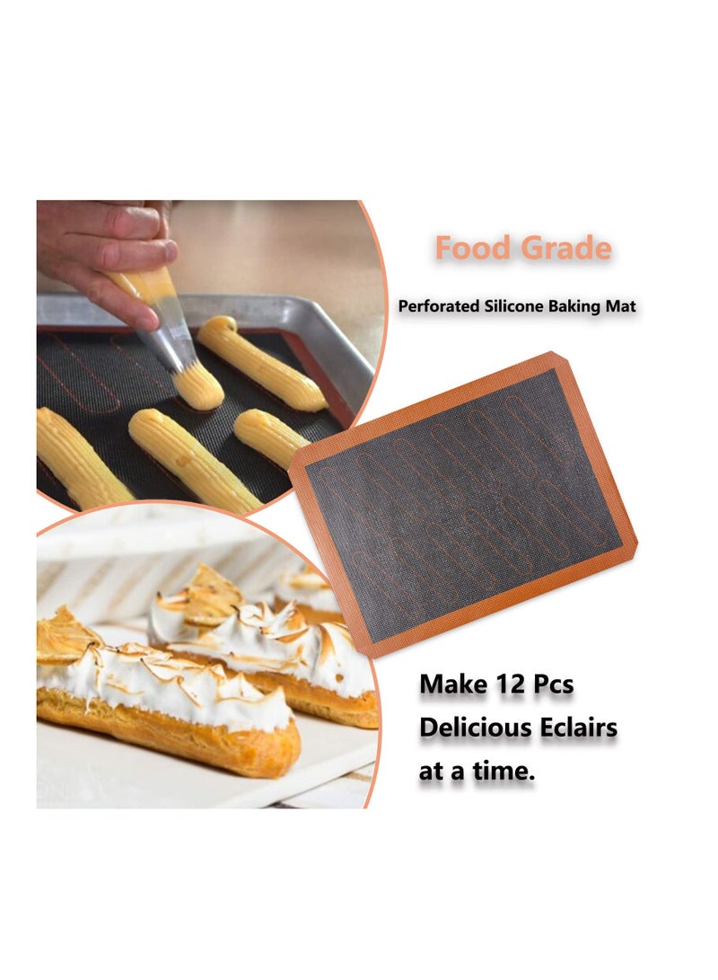 Perforated Silicone Baking Mats, 2 PCS Eclair Silicone Mat for Half Sheet with 12 Printed Oblong Eclair Guides, Non-Stick Reusable Oven Liners for Making Bread/Pizza/Pastry/Cookie 42*29.5cm