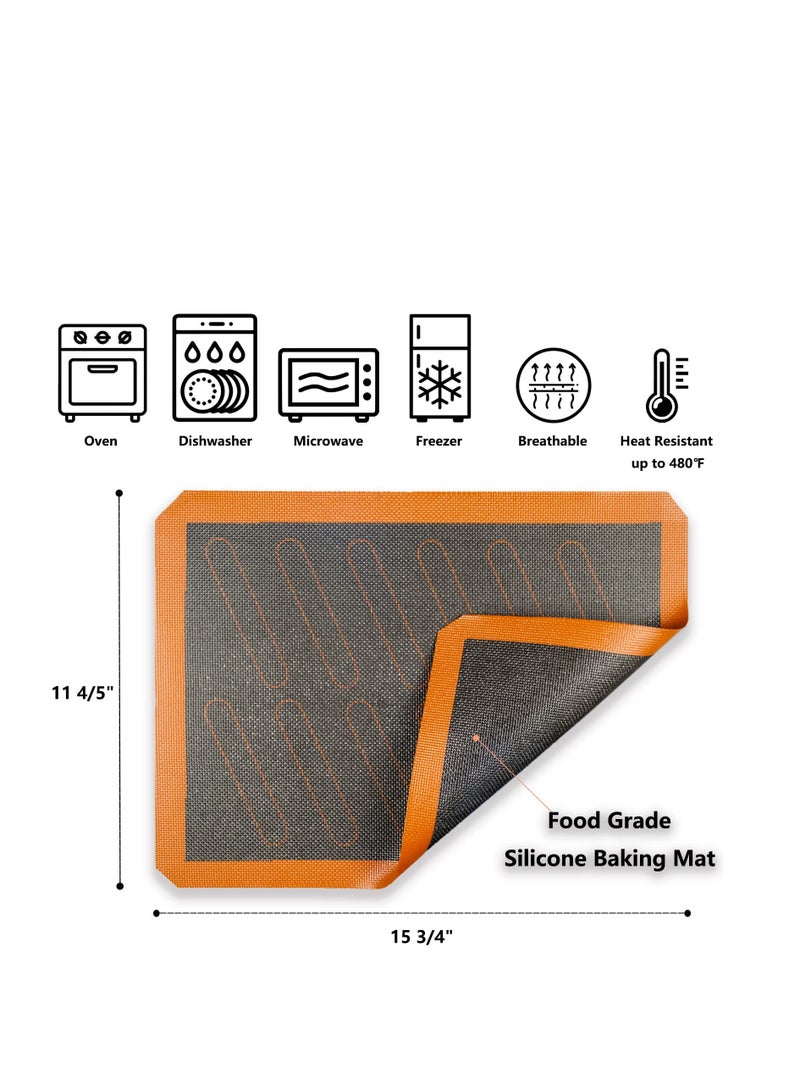 Perforated Silicone Baking Mats, 2 PCS Eclair Silicone Mat for Half Sheet with 12 Printed Oblong Eclair Guides, Non-Stick Reusable Oven Liners for Making Bread/Pizza/Pastry/Cookie 42*29.5cm