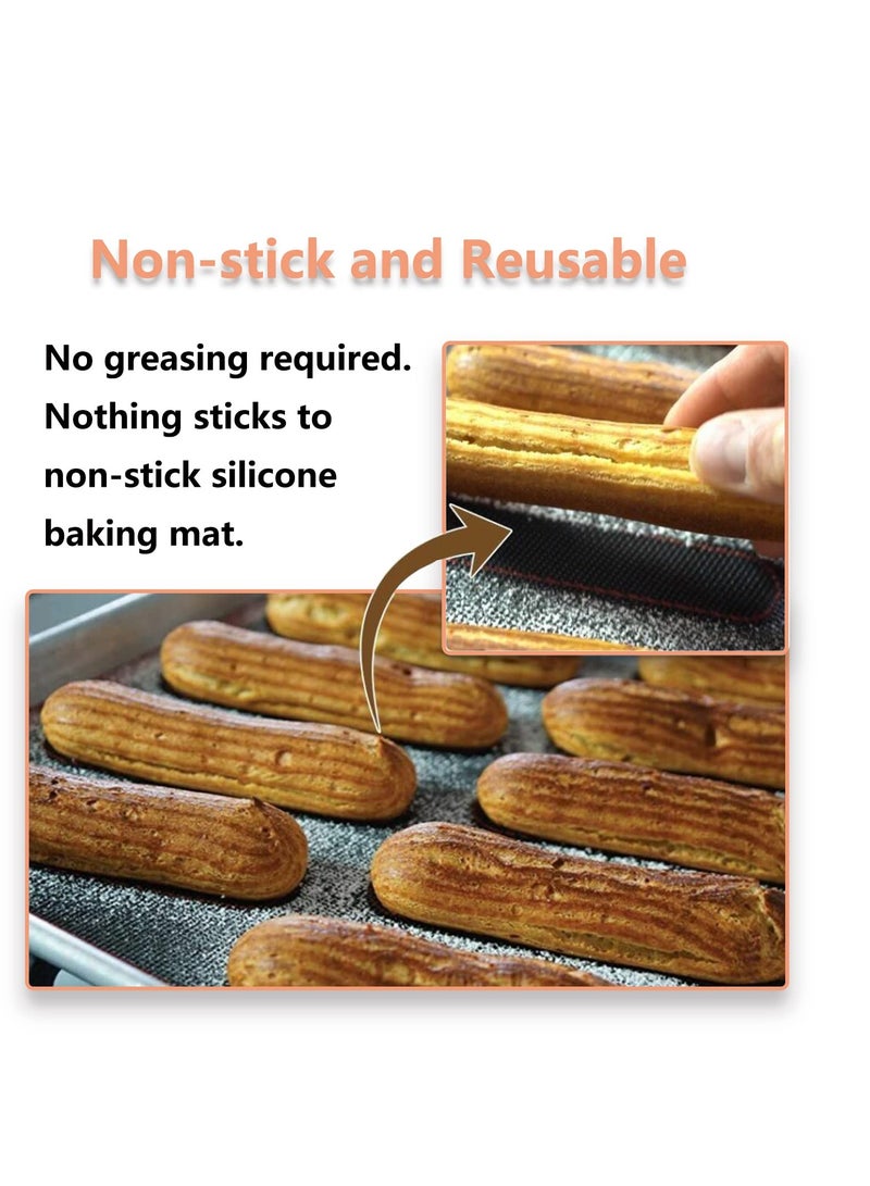 Perforated Silicone Baking Mats, 2 PCS Eclair Silicone Mat for Half Sheet with 12 Printed Oblong Eclair Guides, Non-Stick Reusable Oven Liners for Making Bread/Pizza/Pastry/Cookie 42*29.5cm