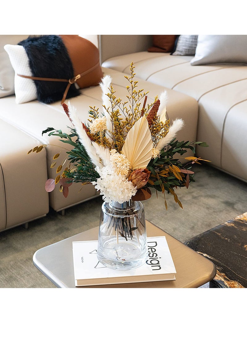 Natural Dried Flower Bouquet Mix - Featuring Protea Repens, Hydrangea, Eucalyptus, Palm, Millet, Limonium, and Pampas Grass for Elegant Home and Wedding Decor.