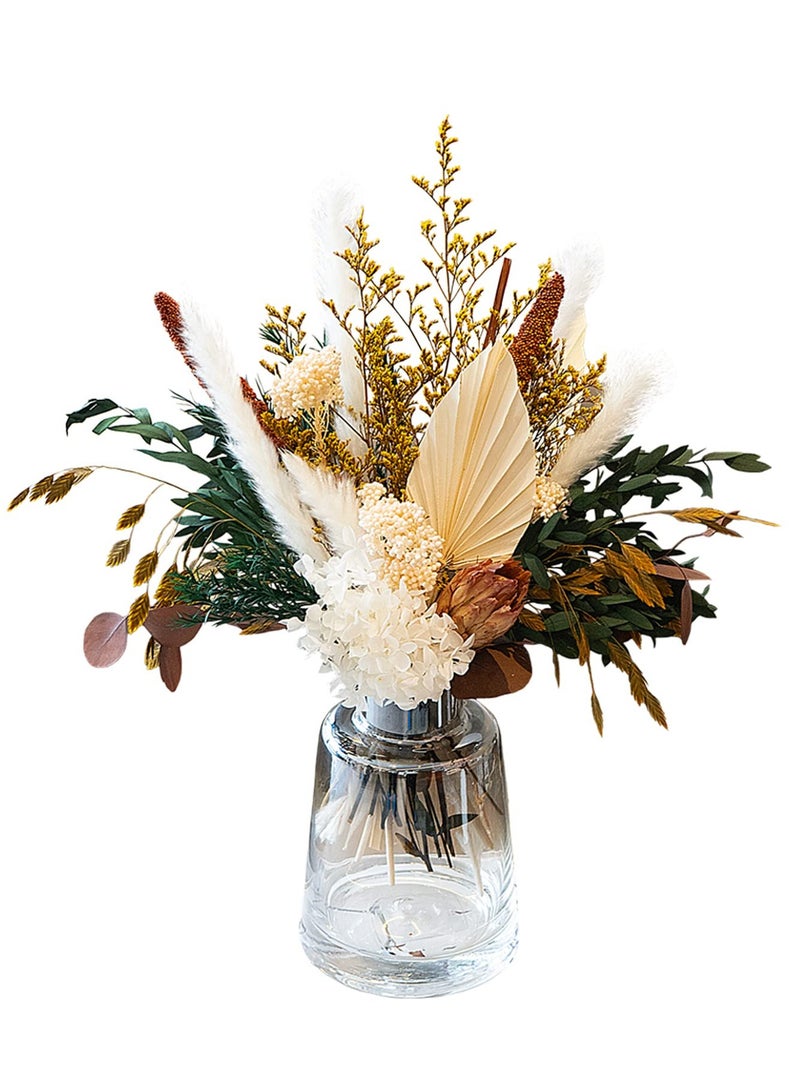 Natural Dried Flower Bouquet Mix - Featuring Protea Repens, Hydrangea, Eucalyptus, Palm, Millet, Limonium, and Pampas Grass for Elegant Home and Wedding Decor.