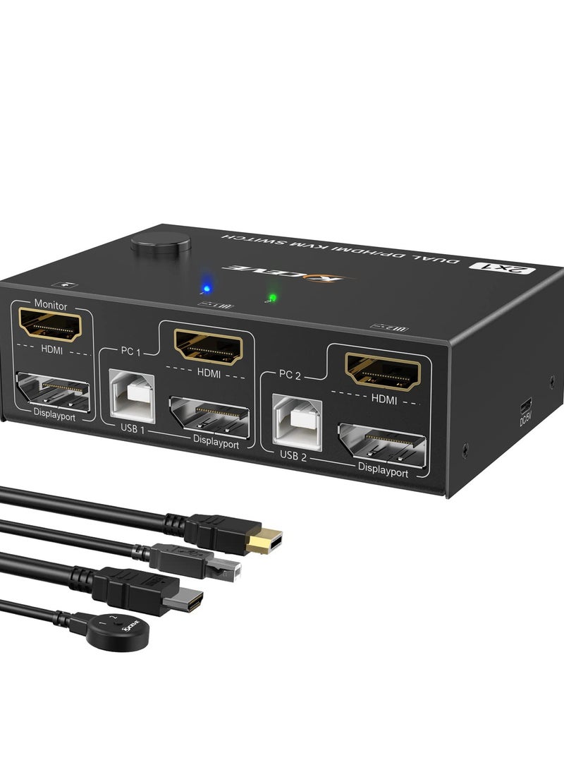 Dual Monitor KVM Switch with HDMI & DisplayPort, 4K@60Hz/2K@120Hz, Share 2 Monitors & 4 USB 2.0 Ports Between 2 PCs, Includes Wired Remote & 4 Cables.