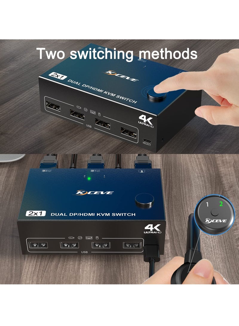 Dual Monitor KVM Switch with HDMI & DisplayPort, 4K@60Hz/2K@120Hz, Share 2 Monitors & 4 USB 2.0 Ports Between 2 PCs, Includes Wired Remote & 4 Cables.