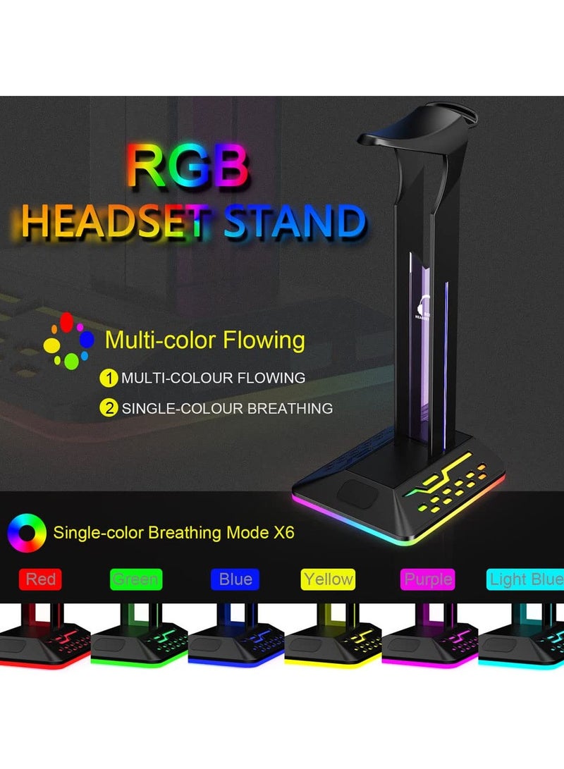 RGB Gaming Headphone Stand with 7 Light Modes, Type-C and USB Ports, Non-Slip Design, Perfect Gift for Gamers and Earphone Accessories