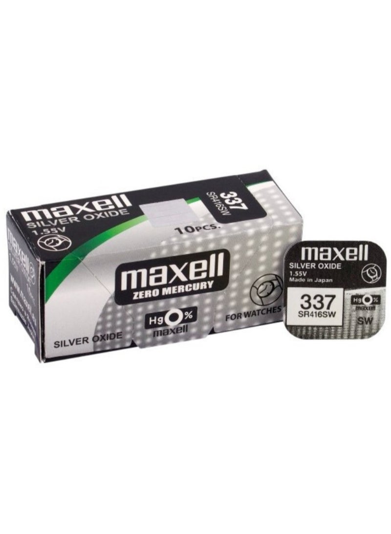 10-Pieces Maxell 337 / SR416SW 1.55V Silver Oxide Hg0% Zero Mercury Batteries