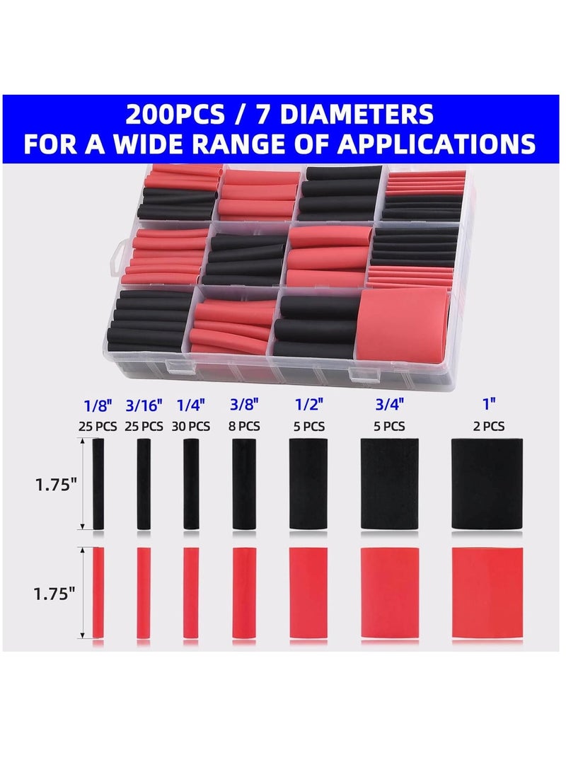 Heat Shrink Tubing 200pcs Ratio 3:1 Heat Shrink Tubing Black Red Heat-Shrink Tube Wire Shrink Wrap Electrical Cable Wire Kit Set Insulation Protector Connector Heatshrink Tubing 7 Size