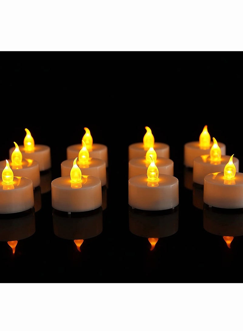 Flameless Candle Lanterns, SYOSI 12 Pcs Realistic and Bright Flickering Battery Operated LED Tea Lights, Electric Fake Candle in Warm Yellow