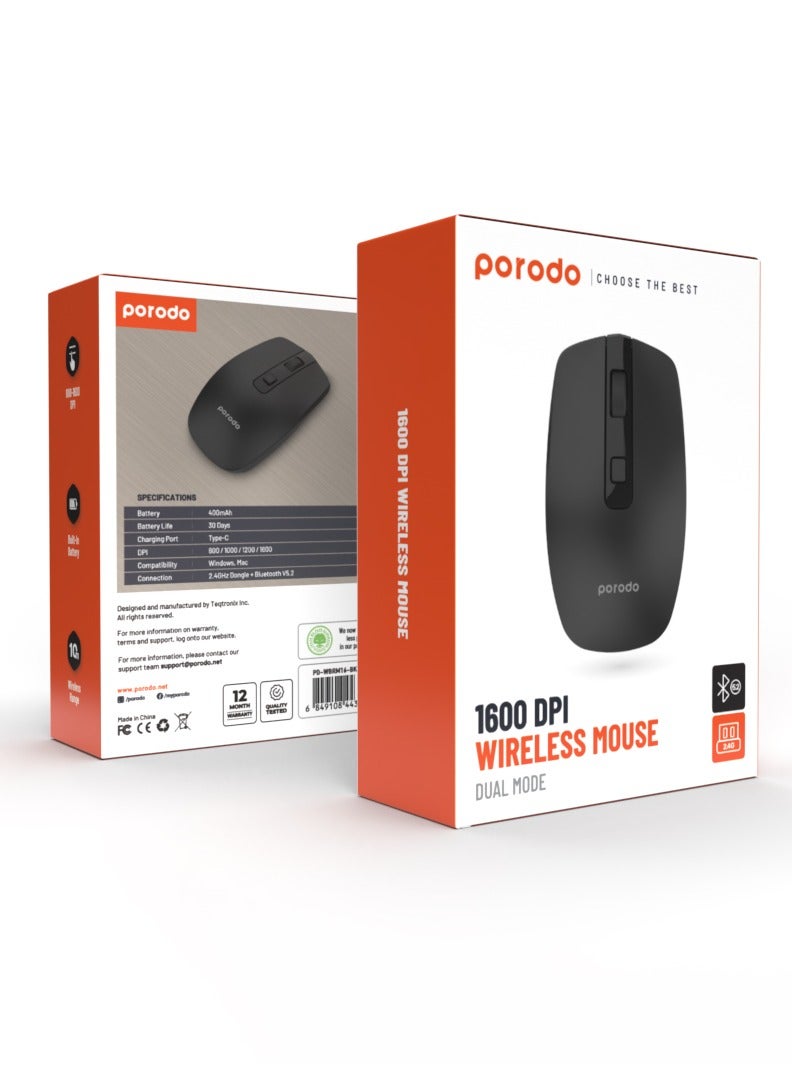 2.4G Wireless and Bluetooth Rechargeable Mouse DPI 1600 - Black