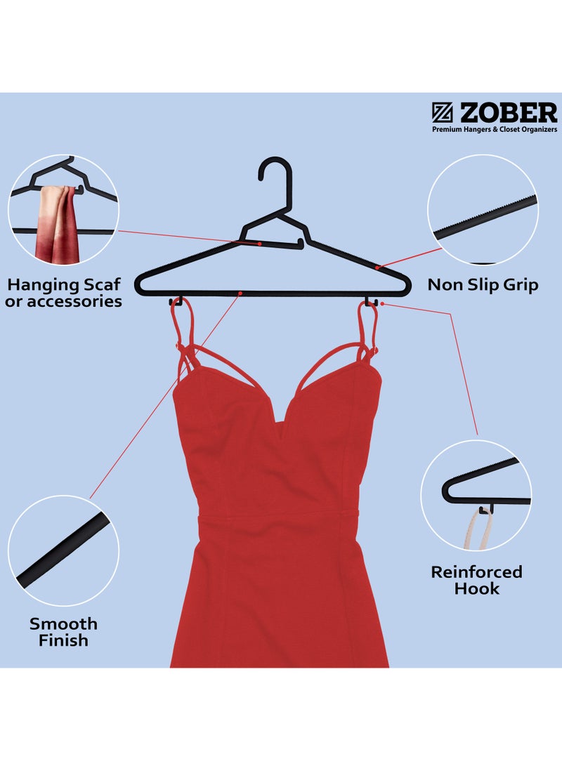 ZOBER Heavy Plastic Hangers with Strap Hooks, Non slip, Durable & Slim, Light-Weight | Clothes Hangers For Coats, Jackets & Pants, Shirts, Dresses | Hangs upto 10lbs (BLACK, 20 PACK)