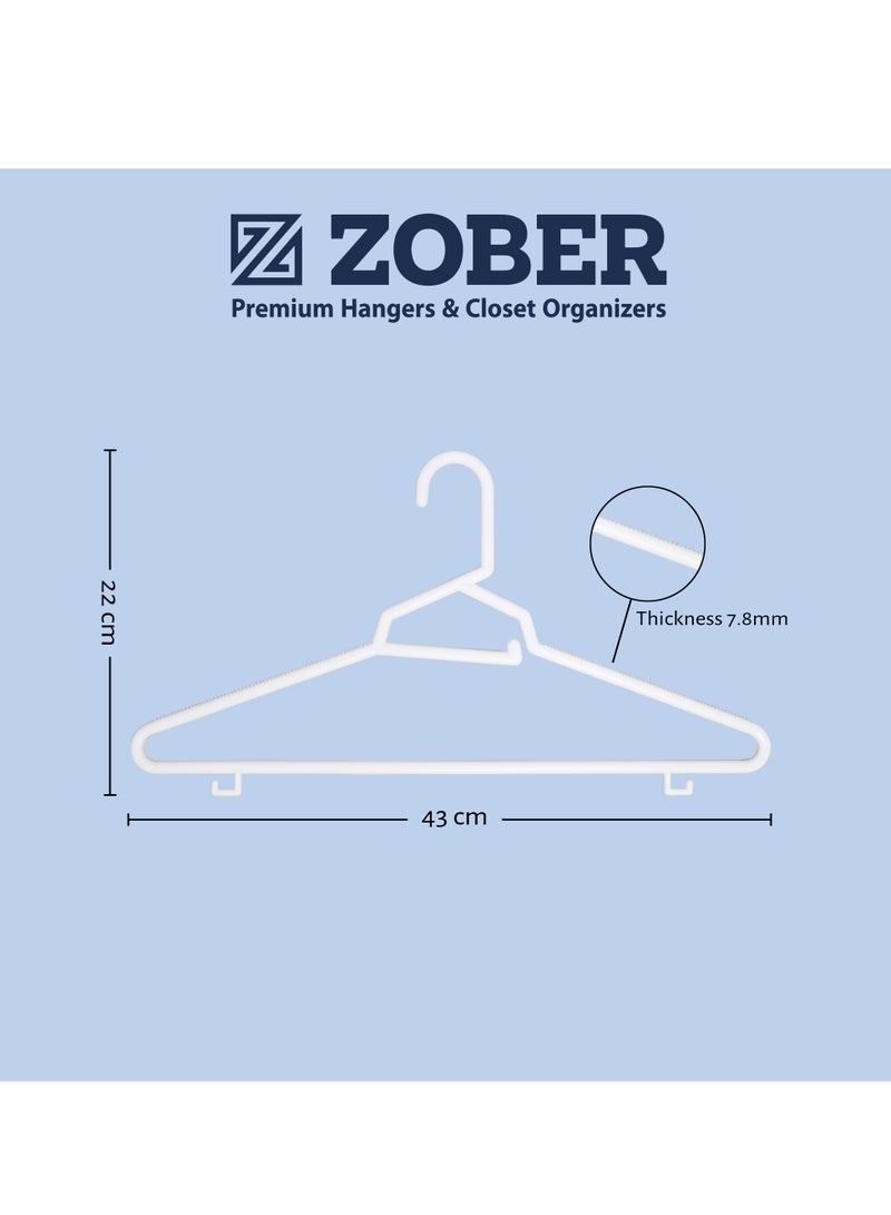 ZOBER Heavy Plastic Hangers with Strap Hooks, Non slip, Durable & Slim, Light-Weight | Clothes Hangers For Coats, Jackets & Pants, Shirts, Dresses | Hangs upto 10lbs (WHITE, 20 PACK)