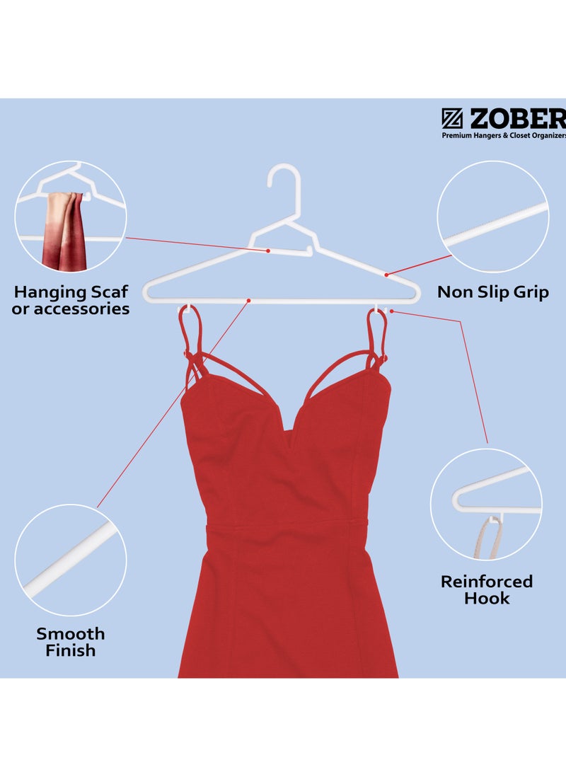 ZOBER Heavy Plastic Hangers with Strap Hooks, Non slip, Durable & Slim, Light-Weight | Clothes Hangers For Coats, Jackets & Pants, Shirts, Dresses | Hangs upto 10lbs (WHITE, 20 PACK)