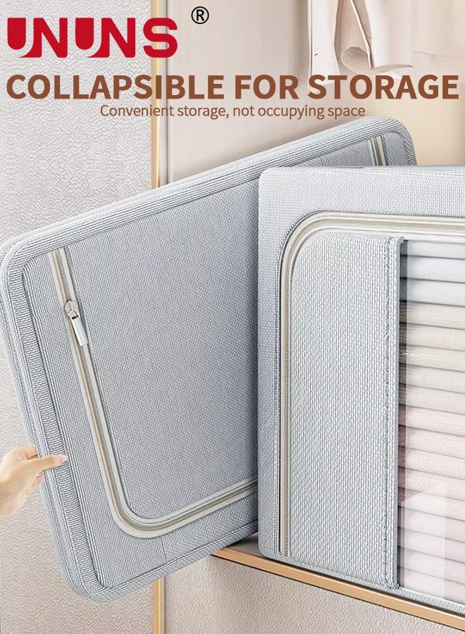 Foldable Clothes Box,2-Piece Oxford Fabric Closet Organizer Bag Set With Carry Handles And Clear Window,66L Large Capacity Steel Frame Storage Bins For Bedding Blankets Toys Gift,50x40x33cm