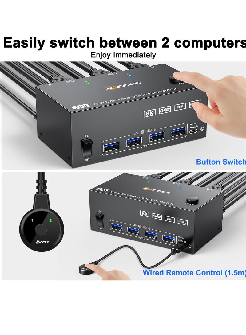 KVM Switch for 3 Monitors and 2 Computers, Supports 8K@60Hz & 4K@144Hz, HDMI + 2 DisplayPort, Triple Monitor Sharing, 4 USB 3.0 Ports, Includes Wired Remote & 5 Cables.