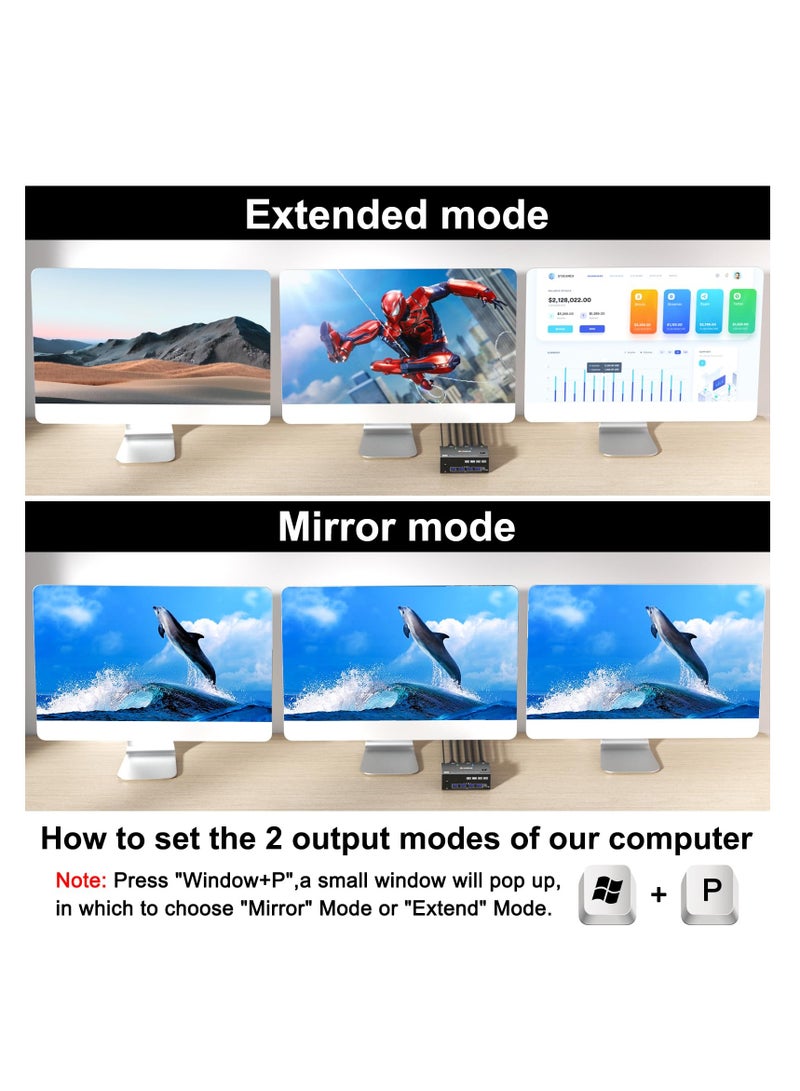 KVM Switch for 3 Monitors and 2 Computers, Supports 8K@60Hz & 4K@144Hz, HDMI + 2 DisplayPort, Triple Monitor Sharing, 4 USB 3.0 Ports, Includes Wired Remote & 5 Cables.