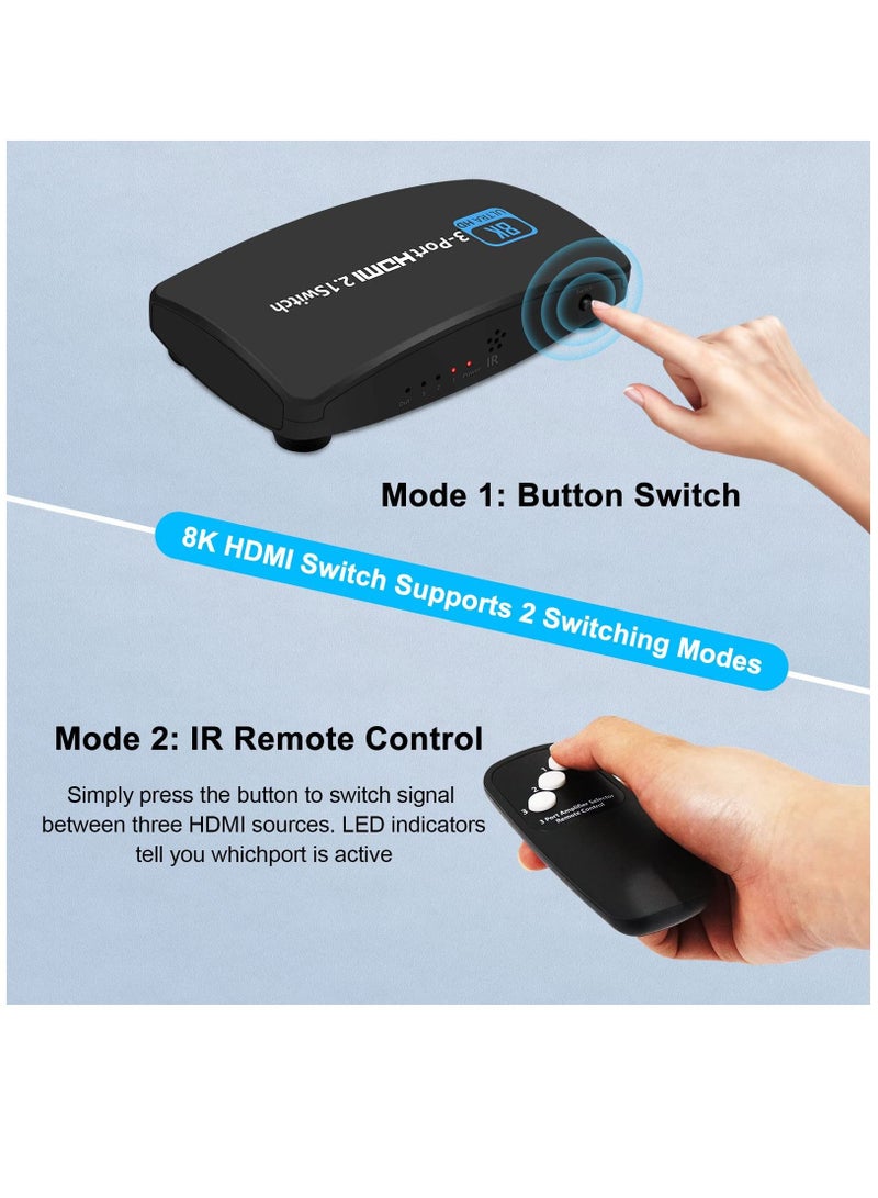 8K HDMI 2.1 for Switch 3 in 1 Out HDMI for Switcher Support Button and Remote Control Switching, High Speed 48Gbps Compatible with for Xbox for PS5/ for 4 and Other Devices