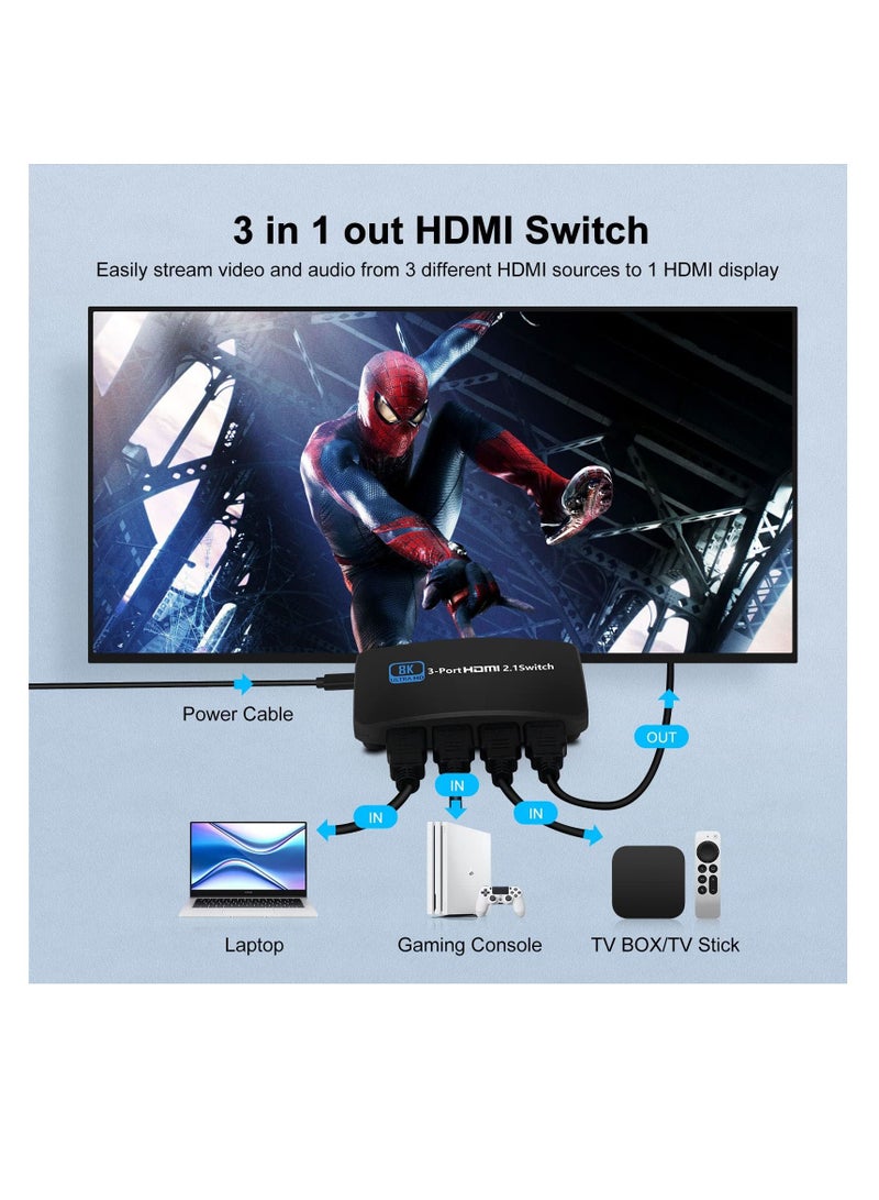 8K HDMI 2.1 for Switch 3 in 1 Out HDMI for Switcher Support Button and Remote Control Switching, High Speed 48Gbps Compatible with for Xbox for PS5/ for 4 and Other Devices