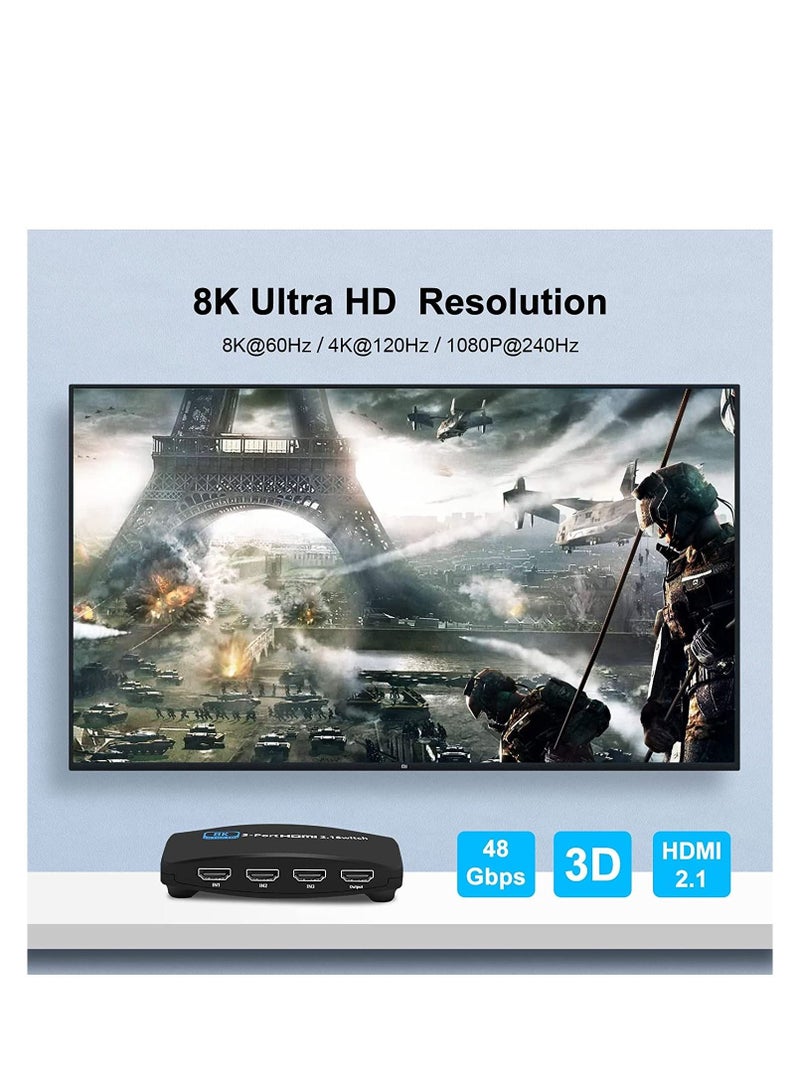 8K HDMI 2.1 for Switch 3 in 1 Out HDMI for Switcher 8K 60Hz 4K 120Hz Support Button and Remote Control Switching, High Speed 48Gbps Compatible with for Xbox for PS5 for 4 and Other Devices