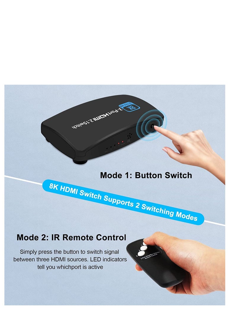 8K HDMI 2.1 for Switch 3 in 1 Out HDMI for Switcher 8K 60Hz 4K 120Hz Support Button and Remote Control Switching, High Speed 48Gbps Compatible with for Xbox for PS5 for 4 and Other Devices