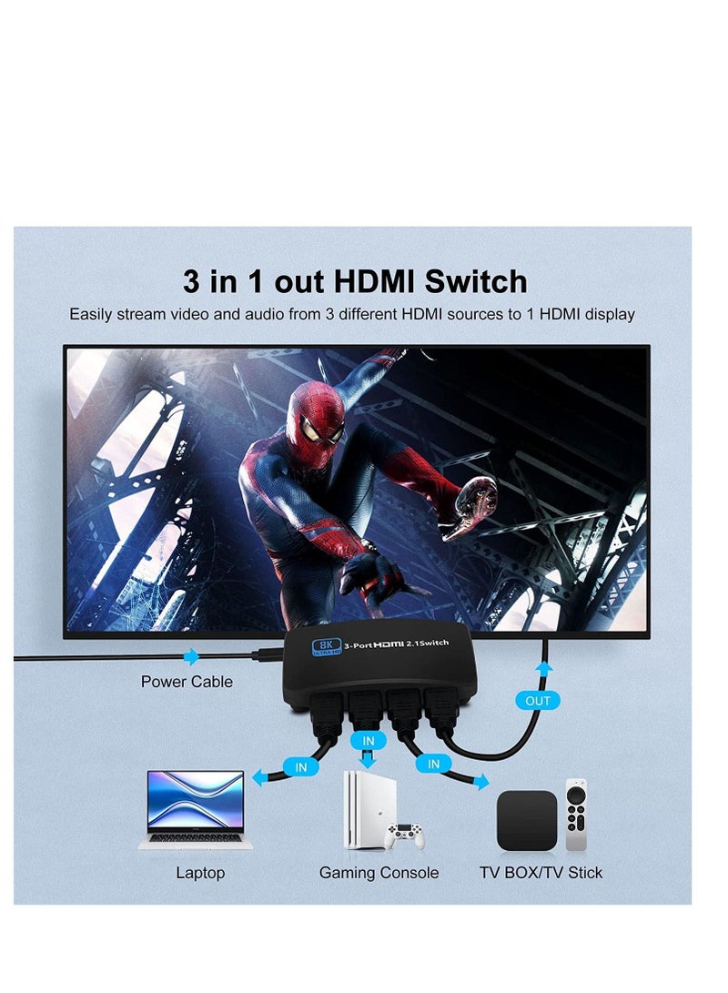 8K HDMI 2.1 for Switch 3 in 1 Out HDMI for Switcher 8K 60Hz 4K 120Hz Support Button and Remote Control Switching, High Speed 48Gbps Compatible with for Xbox for PS5 for 4 and Other Devices