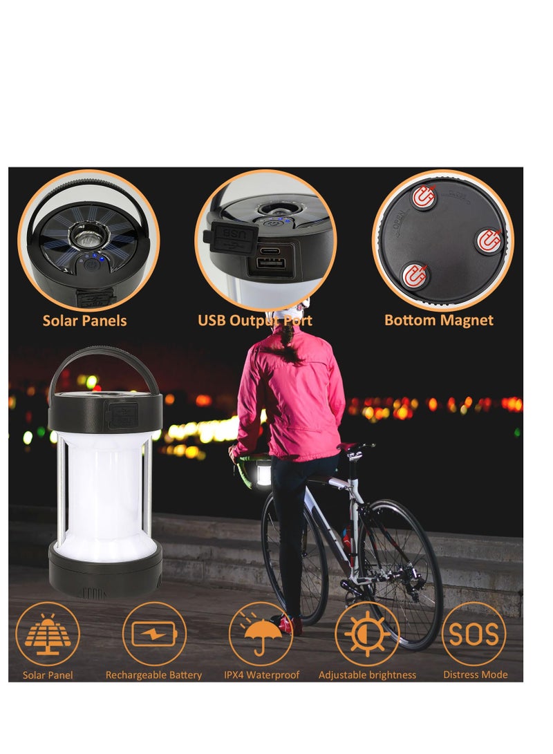 Solar LED Camping Lantern, IPX4 Waterproof Flashlight Emergency Light USB Rechargeable Tent Light Can Charge for Phone with Magnetic Base and Foldable Hook for Hurricane Power Outage Outdoor