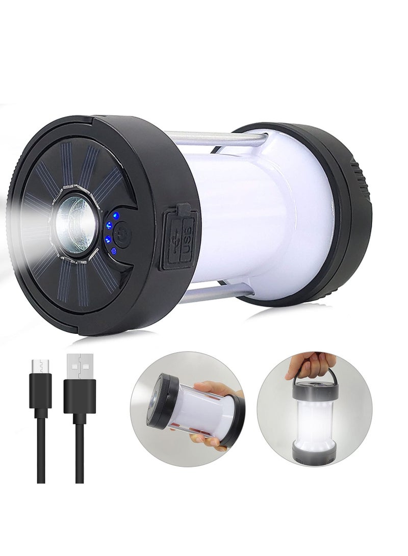 Solar LED Camping Lantern, IPX4 Waterproof Flashlight Emergency Light USB Rechargeable Tent Light Can Charge for Phone with Magnetic Base and Foldable Hook for Hurricane Power Outage Outdoor