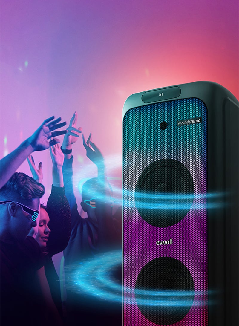 Portable Party Speaker Bluetooth With Two Wireless MIC, Built In Lights And Splashproof Design EVAUD-PT200B Black