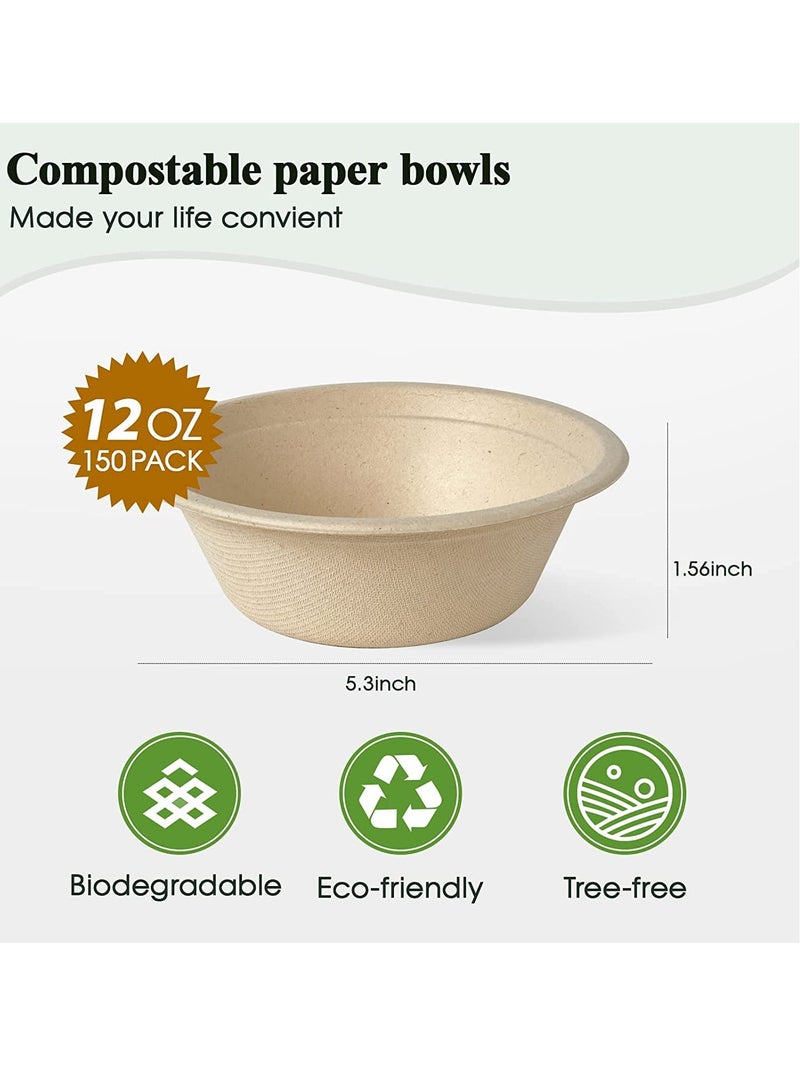 Compostable Bowls, 12oz Disposable Paper Bowls, Biodegradable Soup Bowls Made of Natural Bagasse, Eco-Friendly Sugarcane Bowls for Salad Wheat Flakes 100 Pack (Nature)