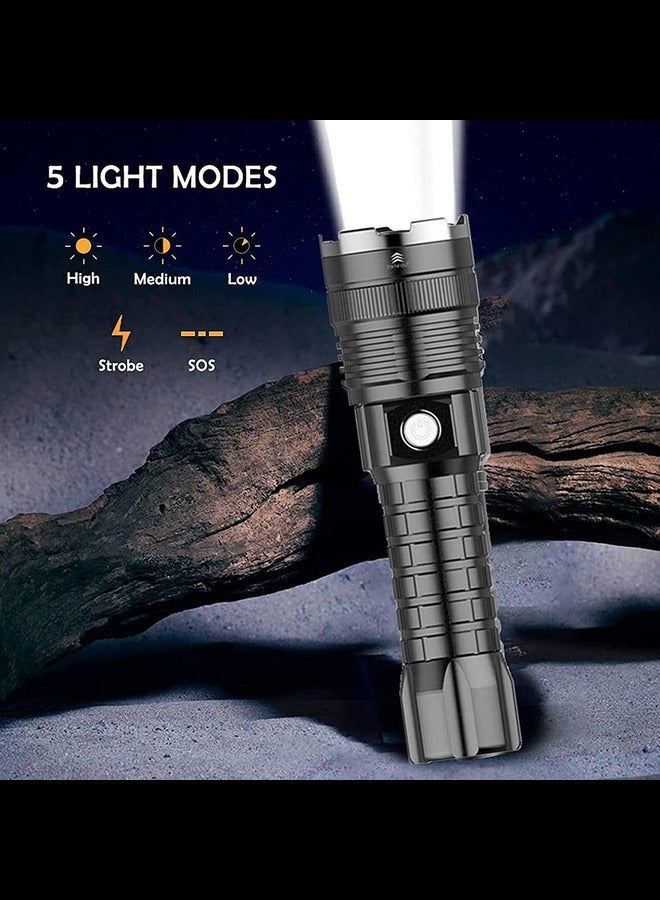 Super Bright 12000 Lumens Rechargeable Handheld Torch Zoomable Waterproof Torch Lamp 5 Modes Flashlight for Camping Hiking Fishing Hunting