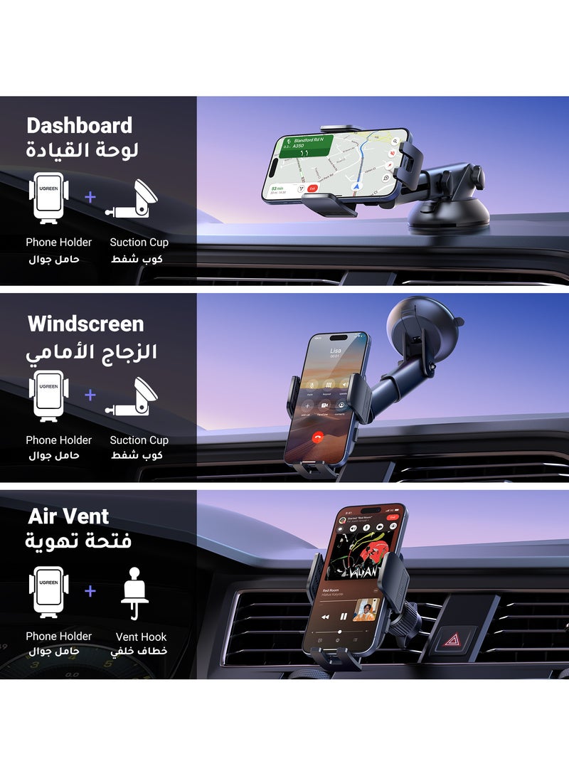 2024-Gen Upgraded 2 In 1 Car Phone Holder For Dashboard/Windshield/Air Vent Car Mount Ultra Stable Car Mobile Holder With Strong Suction Cup Car Stand Fit iPhone 16/15 Series, Galaxy S24 S23, Xiaomi Black