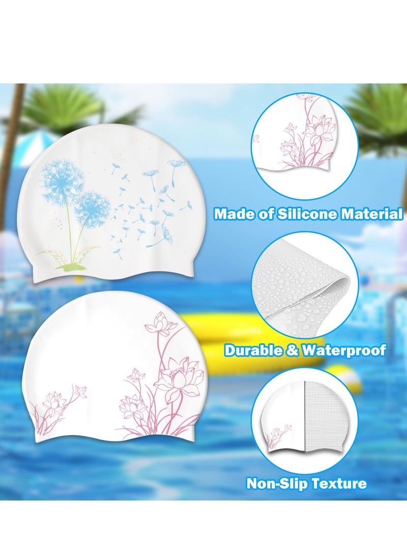 Silicone Waterproof Swimming Caps for Women, 2 Pcs Durable Anti,Slip Swim Cap for Long or Short Hair, Comfortable Bathing Caps for Men and Women