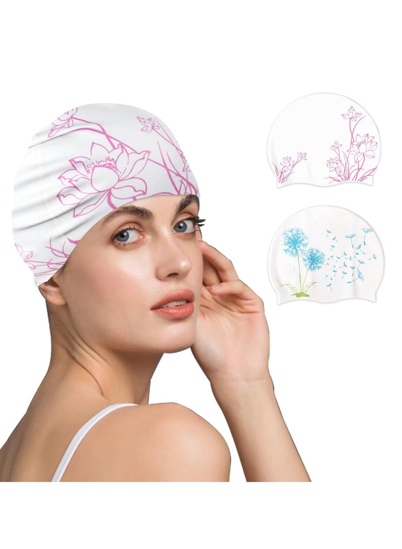 Silicone Waterproof Swimming Caps for Women, 2 Pcs Durable Anti,Slip Swim Cap for Long or Short Hair, Comfortable Bathing Caps for Men and Women