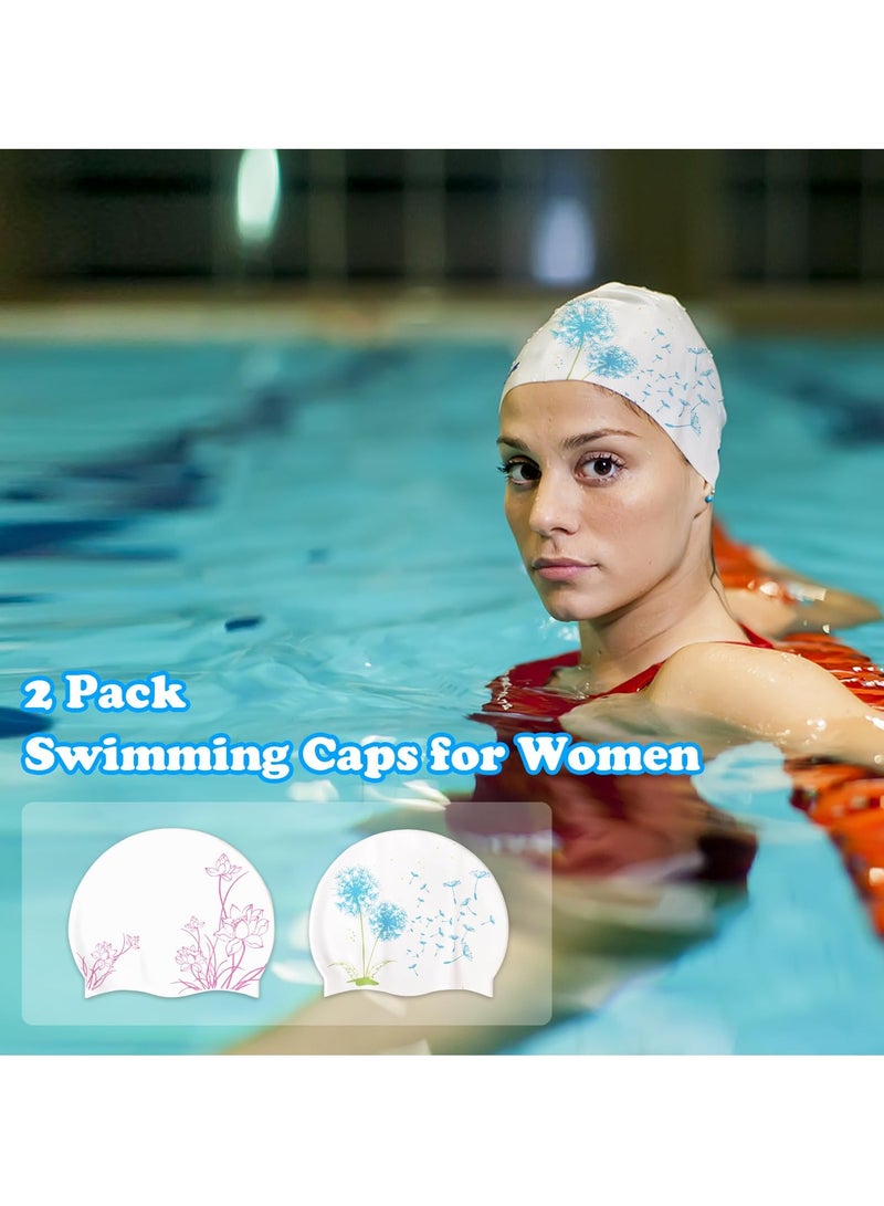 Silicone Waterproof Swimming Caps for Women, 2 Pcs Durable Anti,Slip Swim Cap for Long or Short Hair, Comfortable Bathing Caps for Men and Women