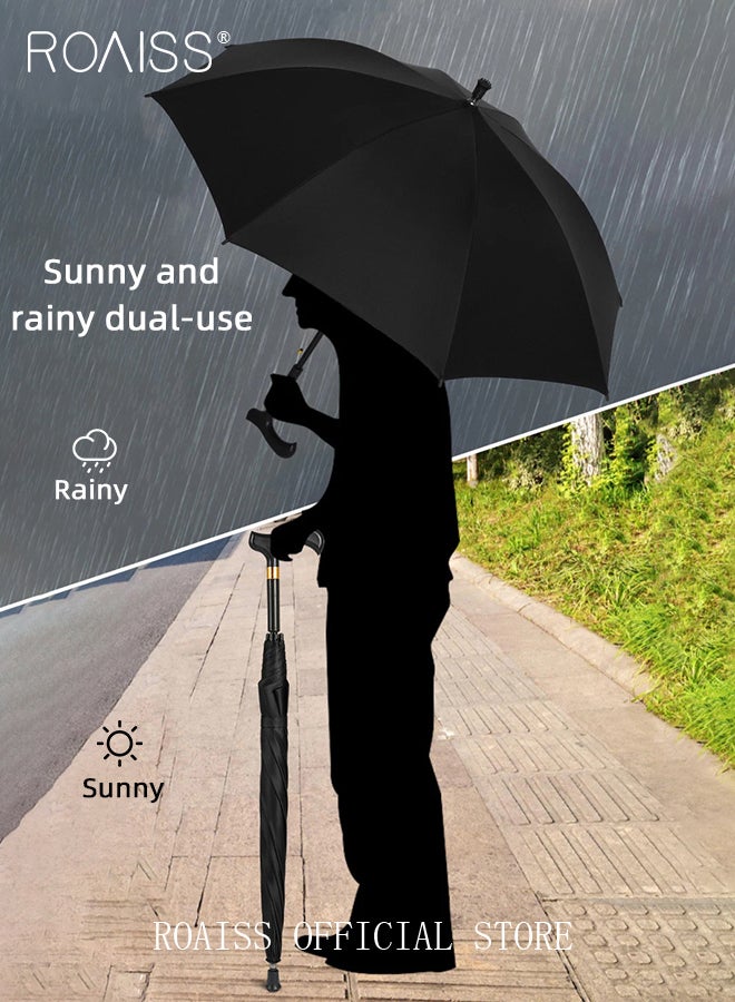 8 Rib Multifunctional Crutch Umbrella Long Handle Climbing Umbrella with Full Carbon Fiber Wind Resistant and Anti Rust Umbrella Ribs Elderly Dual Purpose Umbrella for Rain and Shine