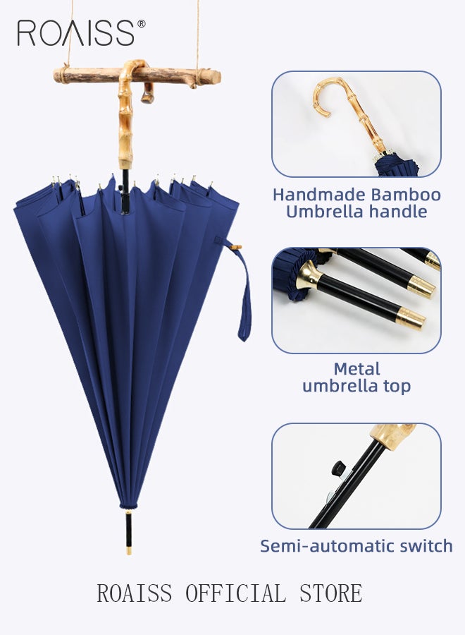 Long Pole Bamboo Handle Umbrella for Men and Women 16 Rib Reinforced Fiber Skeleton Wind Resistant Umbrella Stylish Retro Exquisite Semi Automatic Umbrella with High Density Impact Cloth