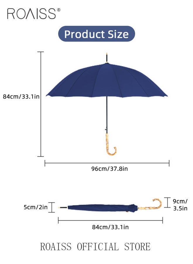 Long Pole Bamboo Handle Umbrella for Men and Women 16 Rib Reinforced Fiber Skeleton Wind Resistant Umbrella Stylish Retro Exquisite Semi Automatic Umbrella with High Density Impact Cloth