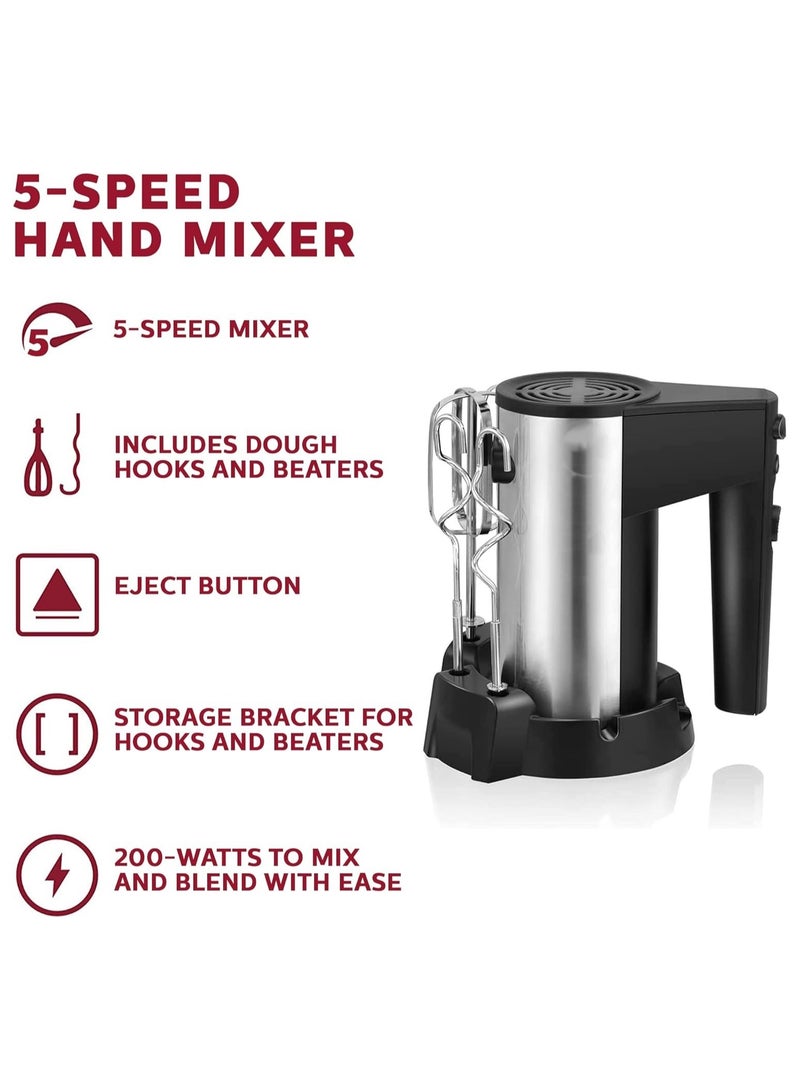 Housewares 200W 5 Speed Hand Mixer Maker Black Stainless Steel User Friendly One Touch Operation 5 Speed Hand Mixer