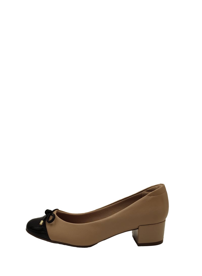 VERDE WOMEN'S MID BLOCK HEELS BOW DETAIL BEIGE/BLACK