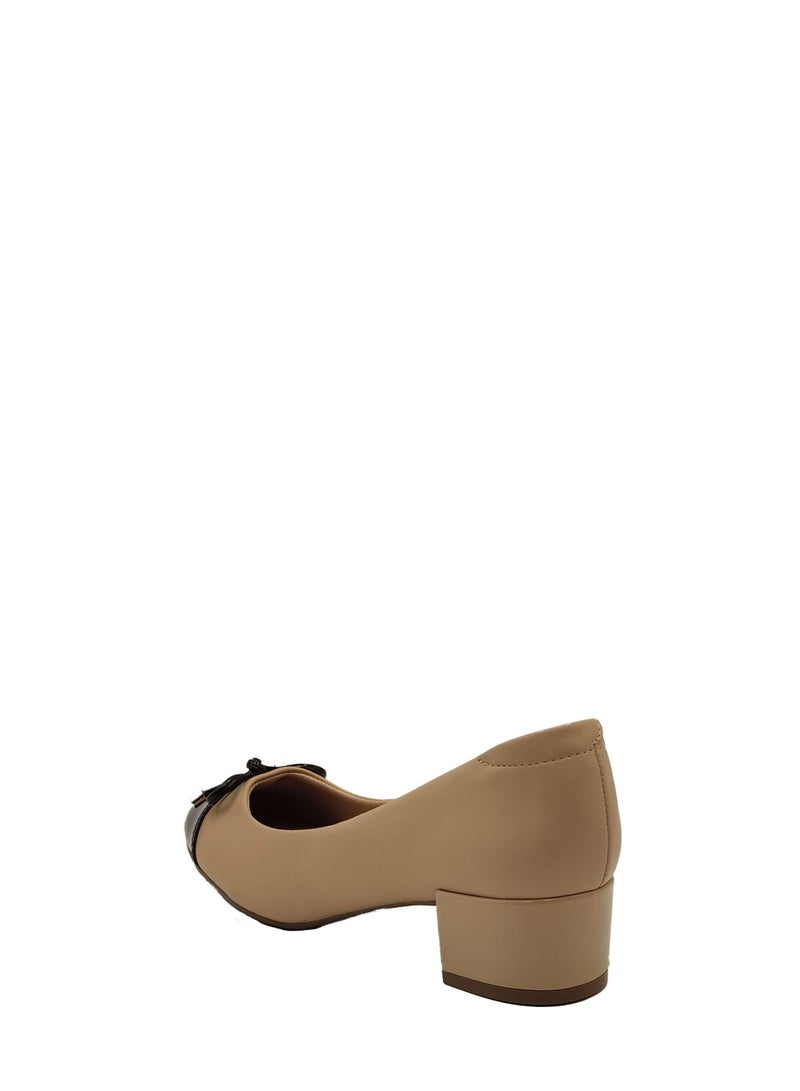 VERDE WOMEN'S MID BLOCK HEELS BOW DETAIL BEIGE/BLACK