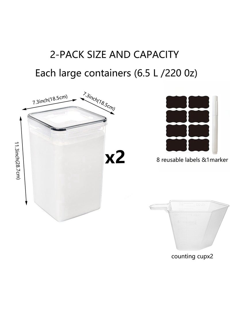 2 Pcs Large Food Storage Containers ，6.5L Cereal Containers Dispenser with Measuring Cup,BPA Free Plastic Airtight Kitchen Pantry Organization for Flour,Sugar,Baking Supply