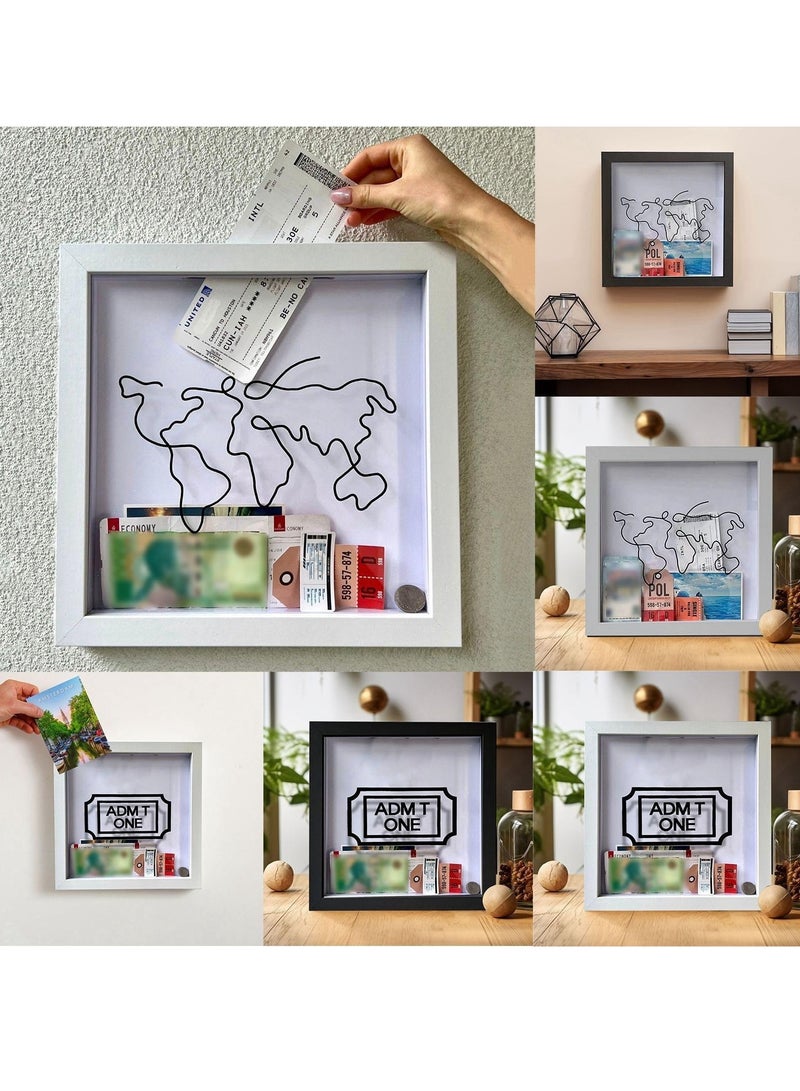 Adventure Archive Box Travel Shadow Box Personal Travel Adventure Archive Souvenir Storage Box Couple Travel Adventure Photo Record Wall Decoration for Any Size Tickets Display Case 29x29cm White