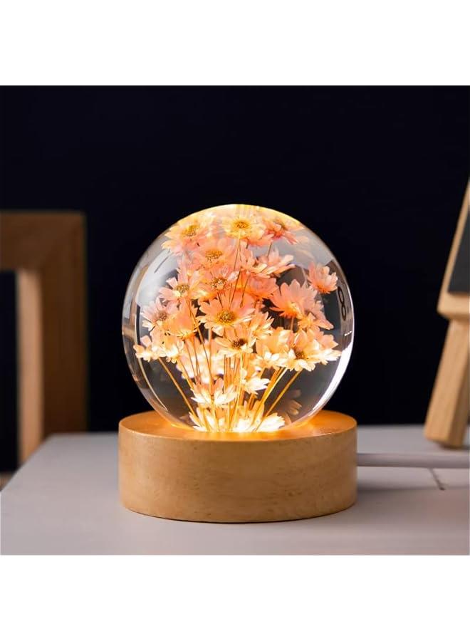 Flower Crystal Ball Night Light,2.4 inch Glass Ball Night Lamp with Woodern Base,Decorations Gifts for Men,Women,Kids,Boys,Girls,Teens (Red Daisy)