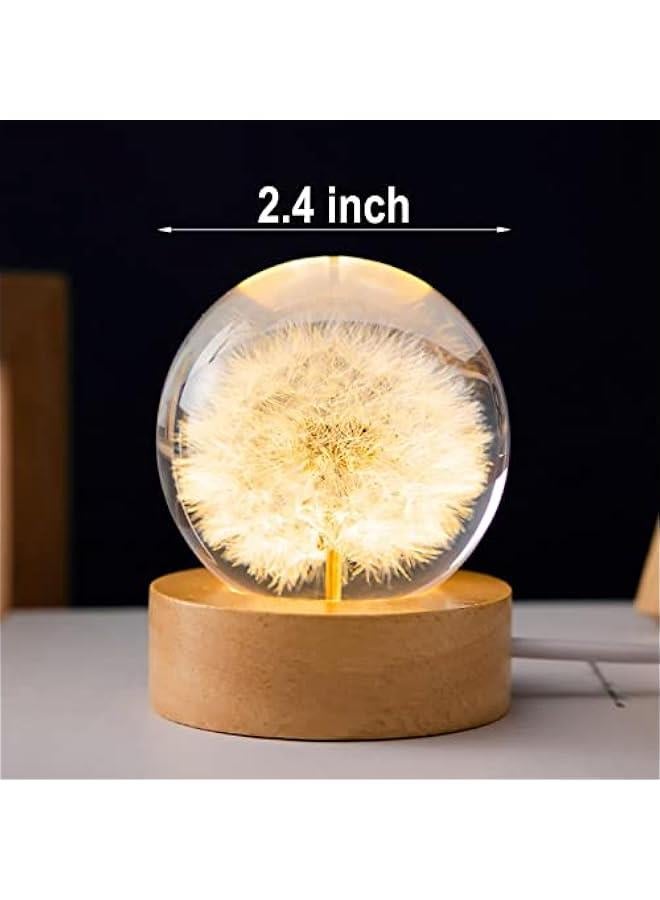 Flower Crystal Ball Night Light,2.4 inch Glass Ball Night Lamp with Woodern Base,Decorations Gifts for Men,Women,Kids,Boys,Girls,Teens (Red Daisy)