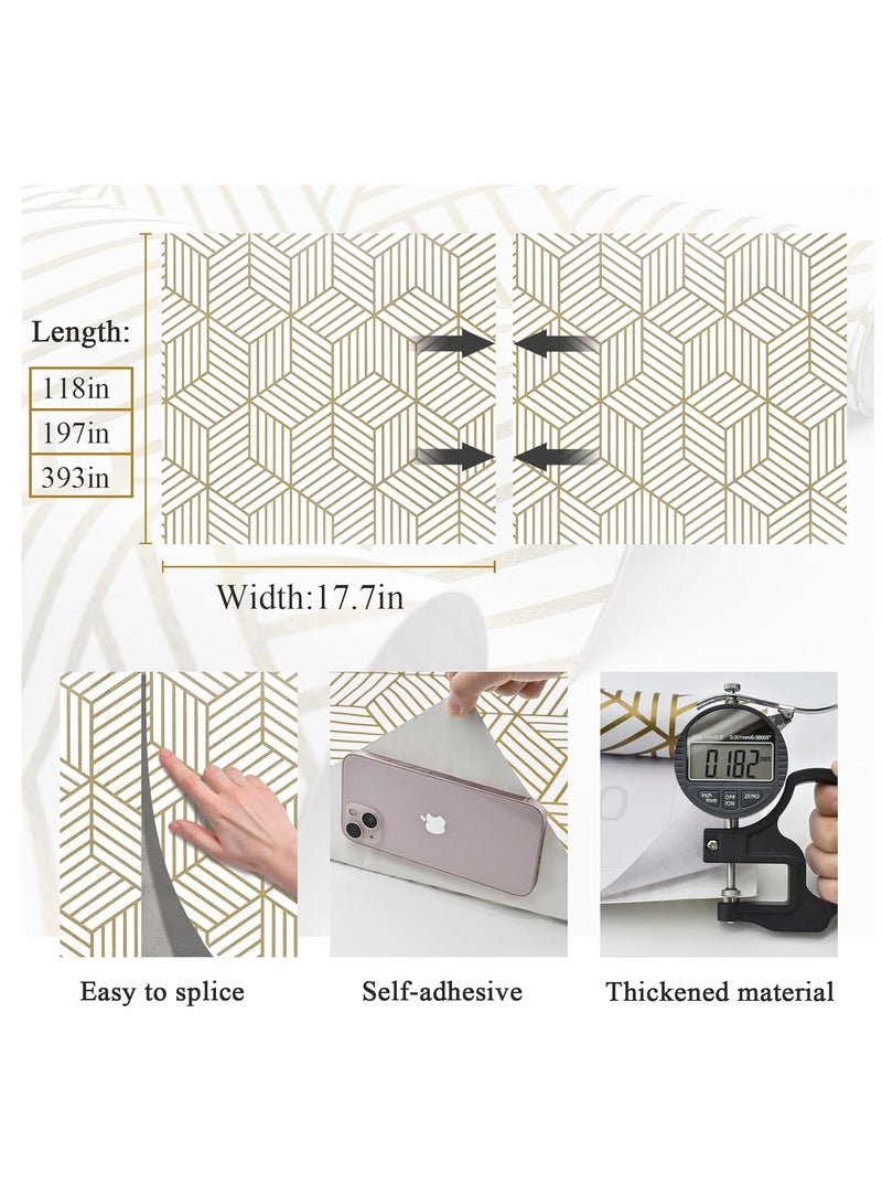 Gold and White Geometric Wallpaper Peel and Stick Wallpaper Boho Hexagon Removable Self Adhesive Wallpaper Gold Stripes Contact Paper Geometric Vinyl Film Decorative Shelf Drawer Waterproof 45cm x 10m