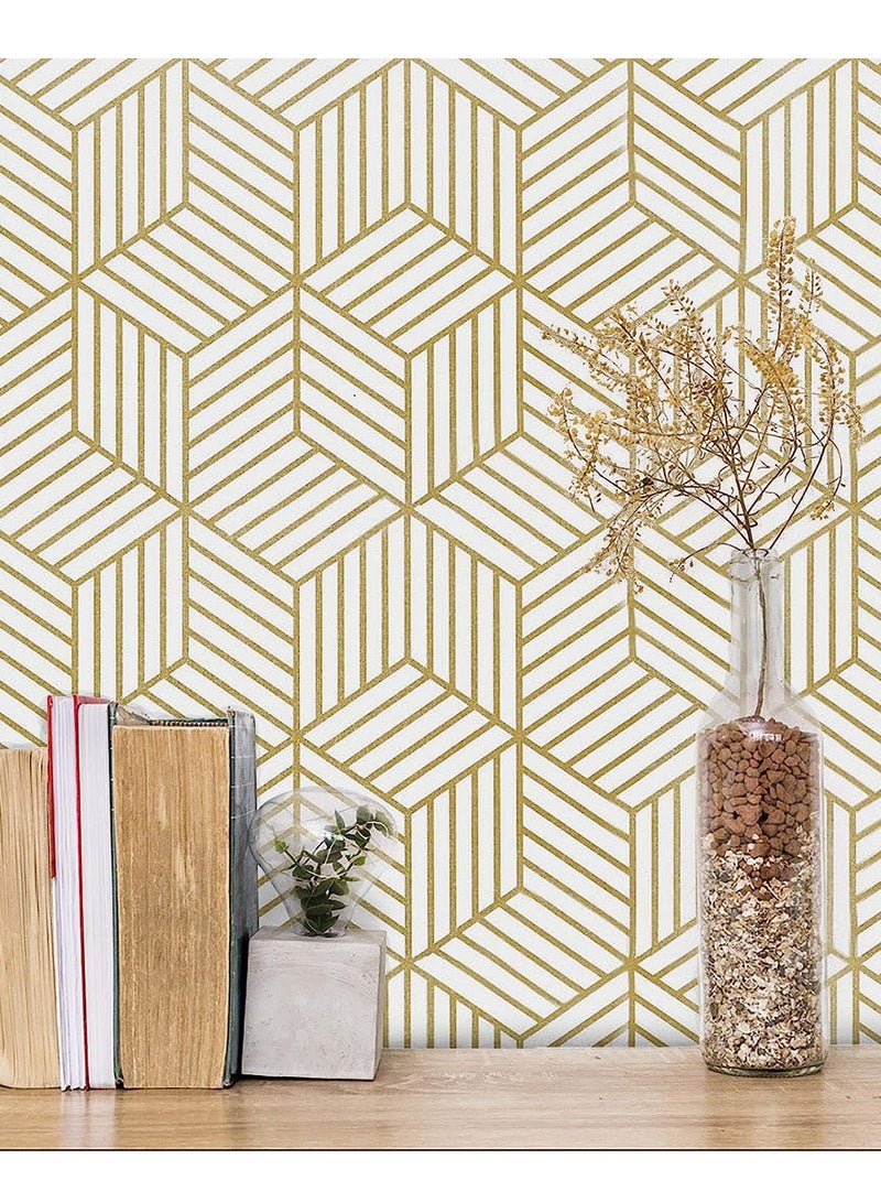 Gold and White Geometric Wallpaper Peel and Stick Wallpaper Boho Hexagon Removable Self Adhesive Wallpaper Gold Stripes Contact Paper Geometric Vinyl Film Decorative Shelf Drawer Waterproof 45cm x 10m