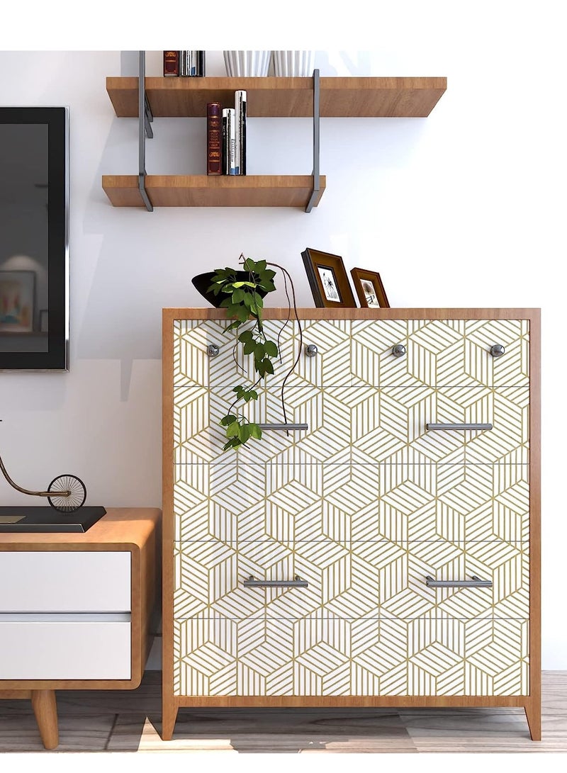 Gold and White Geometric Wallpaper Peel and Stick Wallpaper Boho Hexagon Removable Self Adhesive Wallpaper Gold Stripes Contact Paper Geometric Vinyl Film Decorative Shelf Drawer Waterproof 45cm x 10m