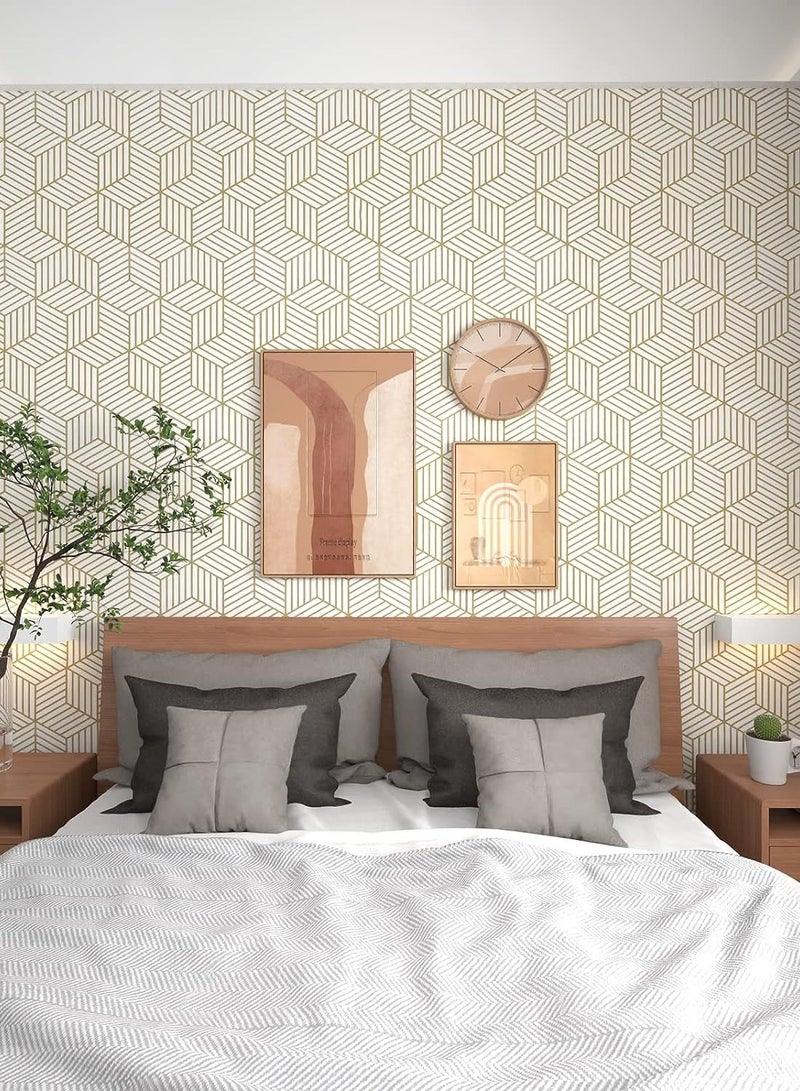 Gold and White Geometric Wallpaper Peel and Stick Wallpaper Boho Hexagon Removable Self Adhesive Wallpaper Gold Stripes Contact Paper Geometric Vinyl Film Decorative Shelf Drawer Waterproof 45cm x 10m