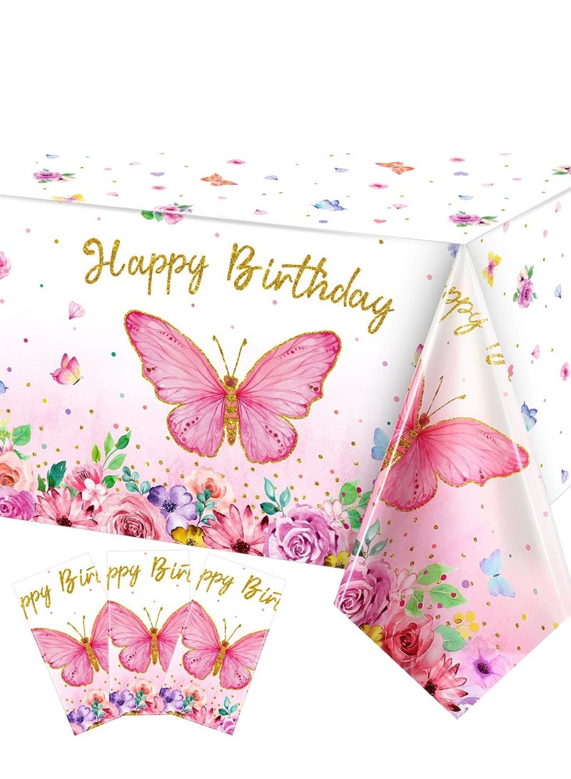 Spring erfly Birthday Tablecloth - 3 Pack Rectangular Plastic Cover for Girls' Party, 108 x 54 Inch (Pink) - Watercolor Design for Festive Decor