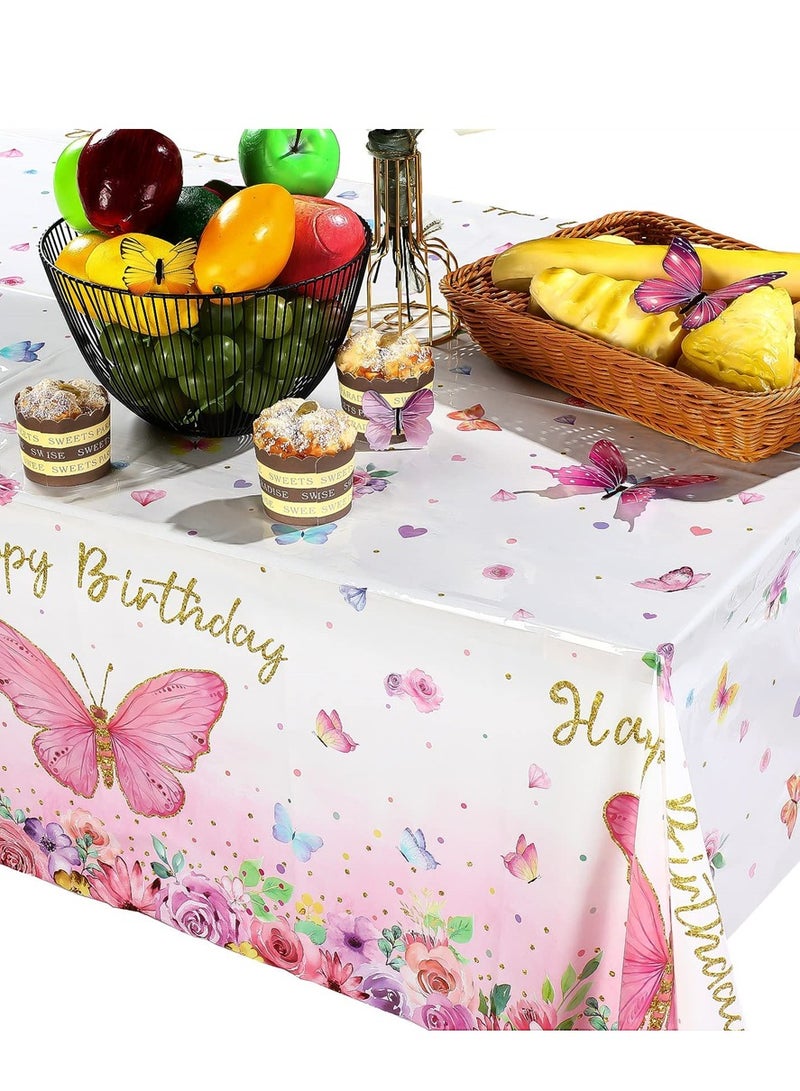 Spring erfly Birthday Tablecloth - 3 Pack Rectangular Plastic Cover for Girls' Party, 108 x 54 Inch (Pink) - Watercolor Design for Festive Decor