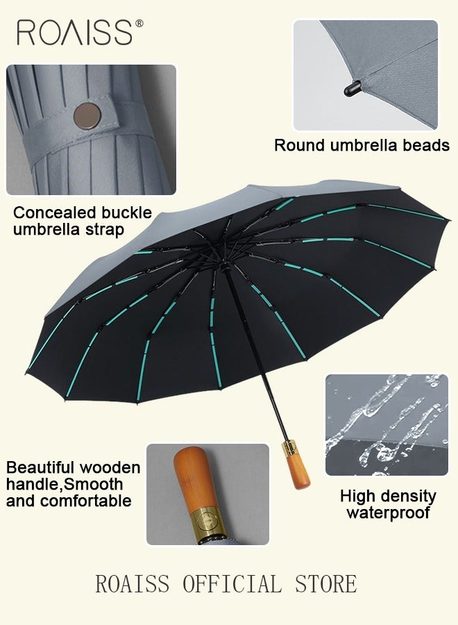 Unisex Multi Functional Semi Automatic Umbrella with Wooden Shaft Windproof Reinforced Dual Person Business Style 72 Rib Large Canopy Semi Automatic Umbrella for Rain or Shine